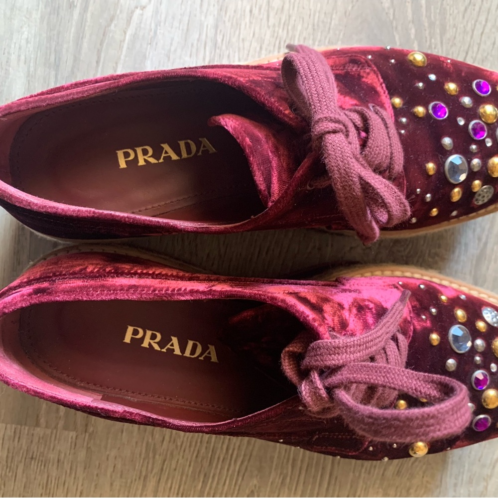Prada Women's Burgundy Velvet Embellished Shoes